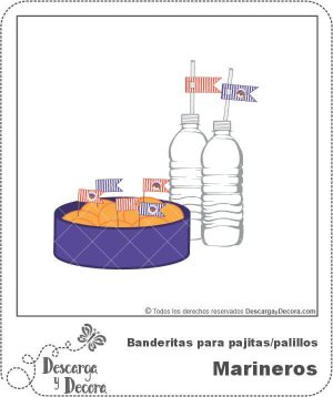 Banderitas para pajitas y palillos de Marineros, vista previa del set para imprimir y recortar en rayas rojas y azules.